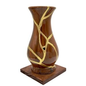 Kintsugi Vase Brown Glazed Pottery Gold Crack Art Anniversary Growth Gift